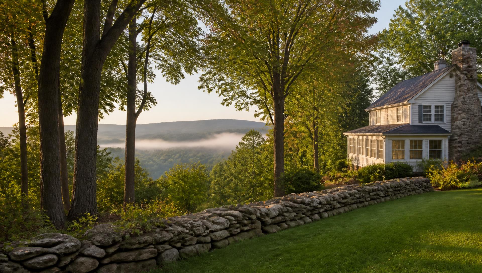 Hudson Valley home at the edge of hardwood woods with a stone wall